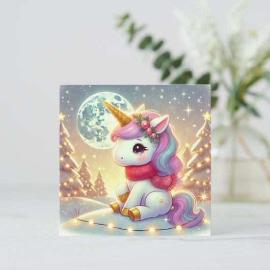 Eenhoorn onder de maanverlichte kersthemel feestdagenkaart (Staand voorkant)