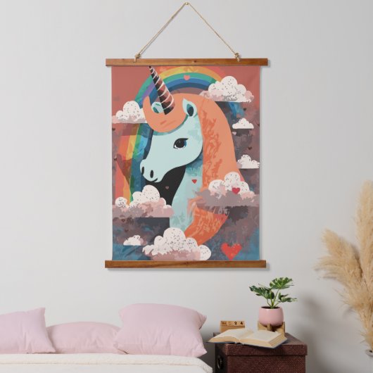 Eenhoorn onder regenboog & onder harten hangend wandkleed (Slaapkamer)