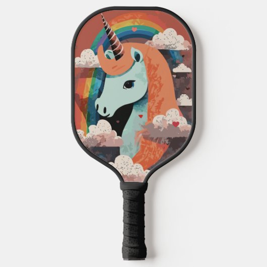 Eenhoorn onder regenboog & onder harten pickleball paddle (Voorkant)