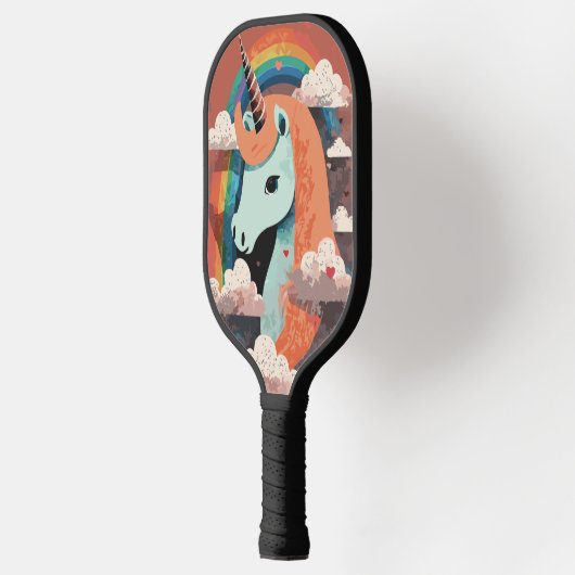 Eenhoorn onder regenboog & onder harten pickleball paddle (Links)