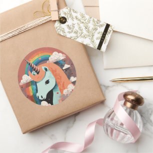 Eenhoorn onder regenboog & onder harten ronde sticker