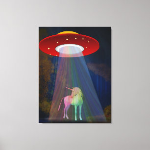 Eenhoorn onder UFO-regenboogstraal 's nachts Canvas Afdruk