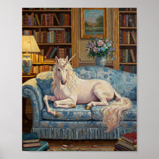 Eenhoorn op bank | Romantische olieverfschilderij Poster