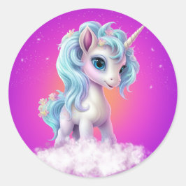 Eenhoorn op roze hemel/sterren/wolk ronde sticker