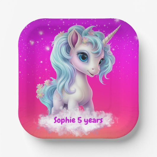 Eenhoorn op roze levendige hemel papieren bordje (Voorkant)
