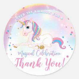 Eenhoorn over de regenboog verjaardag dank je wel ronde sticker