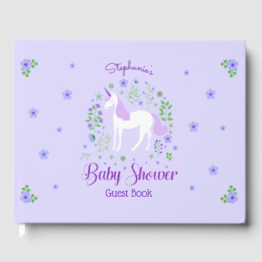 Eenhoorn Paarse Glitter gepersonaliseerd Baby show Gastenboek (Voorkant)