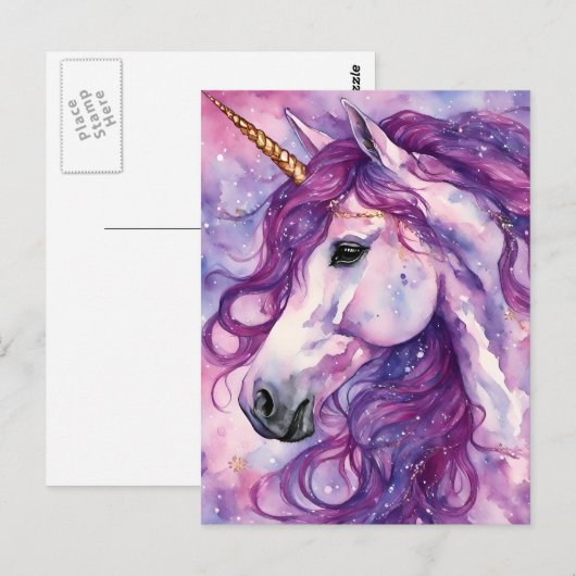 Eenhoorn Paarse Mane Briefkaart (Voorkant / Achterkant)