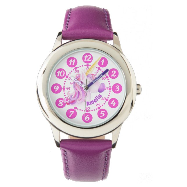 Eenhoorn paarse roze kunst kinder makkelijk te lez horloge (Voorkant)