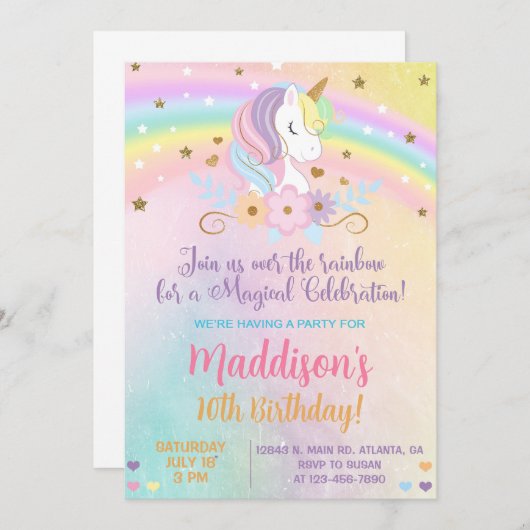 Eenhoorn pastel kleuren Meisje Verjaardag uitnodig Kaart (Voorkant / Achterkant)