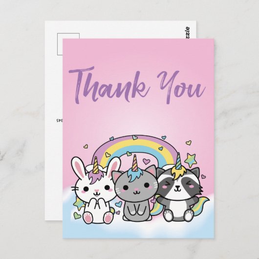 Eenhoorn Pastel Meisjes Verjaardag Bedankt Briefkaart (Voorkant / Achterkant)