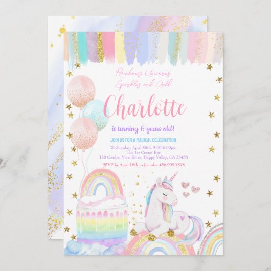 Eenhoorn Pastel Rainbow Sparkle Verjaardagsfeestje Kaart (Voorkant / Achterkant)