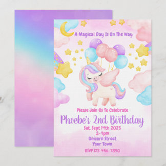 Eenhoorn Pastel Regenboog Verjaardagsfeest Uitnodi Kaart