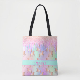 Eenhoorn patroon roze naam meisje holografisch tote bag