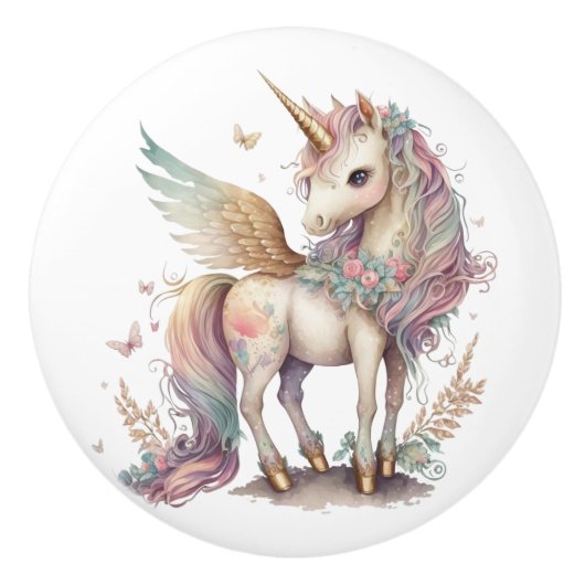 Eenhoorn Pegasus Fantasy Pastel Roze Blauw Keramische Knop (Voorkant)