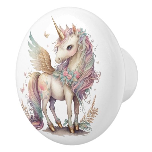 Eenhoorn Pegasus Fantasy Pastel Roze Blauw Keramische Knop (Rechts)