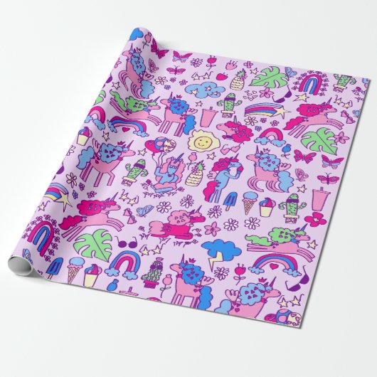 Eenhoorn Pegasus Paard Rainbow Doodle Cadeaupapier (Uitgerold)
