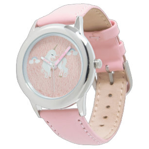 Eenhoorn Perzik/Roze Faux Fur Gezicht Horloge