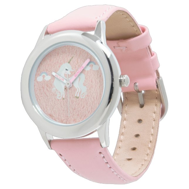 Eenhoorn Perzik/Roze Faux Fur Gezicht Horloge (Gekanteld)