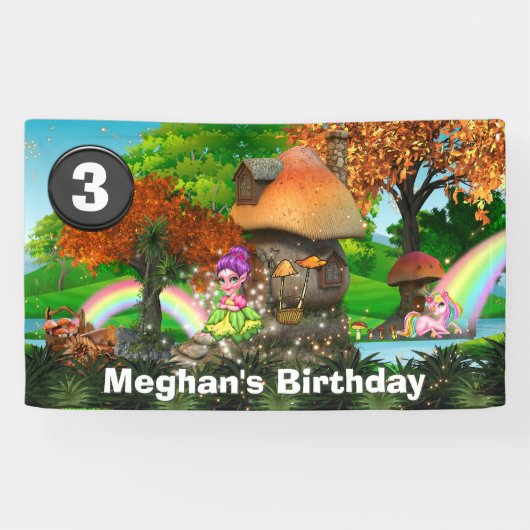 Eenhoorn pixie regenboog fantasie bos DIY leeftijd Spandoek (Horizontaal)