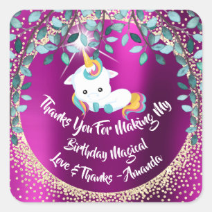 Eenhoorn Pony Bedankt Favor Fuchsia Glitter Floral Vierkante Sticker