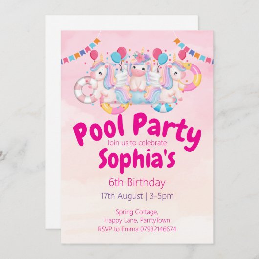 Eenhoorn Pool Party 6e verjaardag Uitnodiging | Ro (Voorkant / Achterkant)