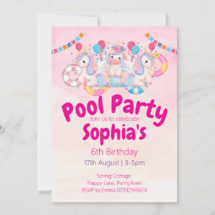 Eenhoorn Pool Party 6e verjaardag Uitnodiging   Ro