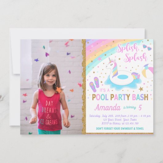 Eenhoorn Pool Party Fotouitnodiging Roze & Goud Kaart (Voorkant)