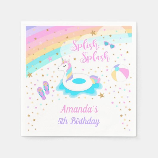 Eenhoorn Pool Party Papier Servet Roze & Goud (Voorkant)