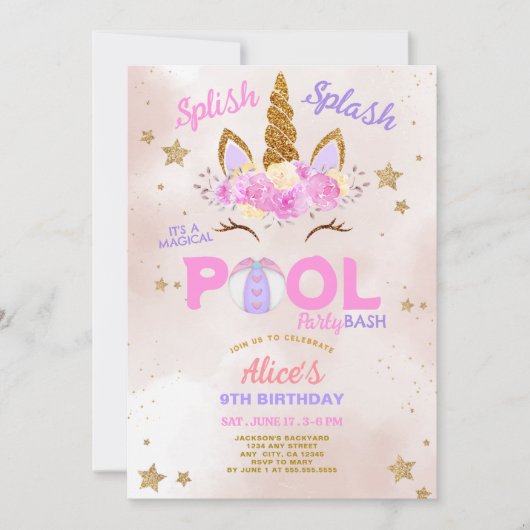 Eenhoorn Pool Party Splish Splash Verjaardag Kaart (Voorkant)