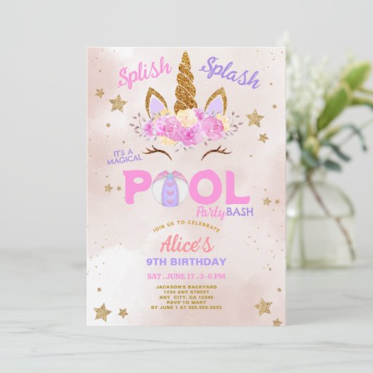 Eenhoorn Pool Party Splish Splash Verjaardag Kaart (Staand voorkant)