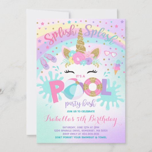 Eenhoorn Pool Party Uitnodiging Pool Verjaardagsfe (Voorkant)