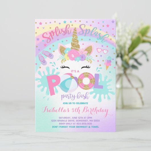 Eenhoorn Pool Party Uitnodiging Pool Verjaardagsfe (Staand voorkant)