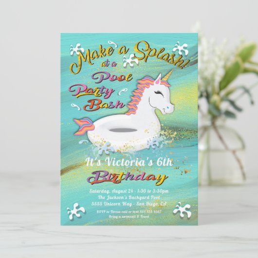 Eenhoorn Pool Party Verjaardag Bash Kaart (Staand voorkant)