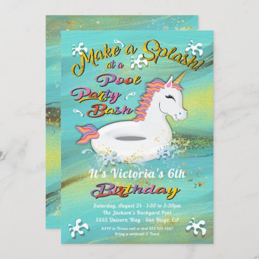 Eenhoorn Pool Party Verjaardag Bash Kaart (Voorkant / Achterkant)