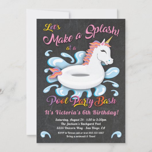 Eenhoorn Pool Party Verjaardag Bash Kaart (Voorkant)