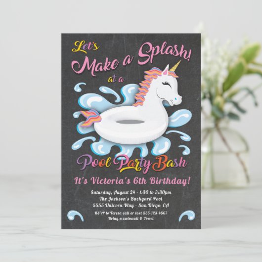 Eenhoorn Pool Party Verjaardag Bash Kaart (Staand voorkant)