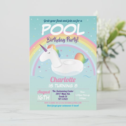 Eenhoorn Pool Party Verjaardag Rainbow Beach Float Kaart (Staand voorkant)