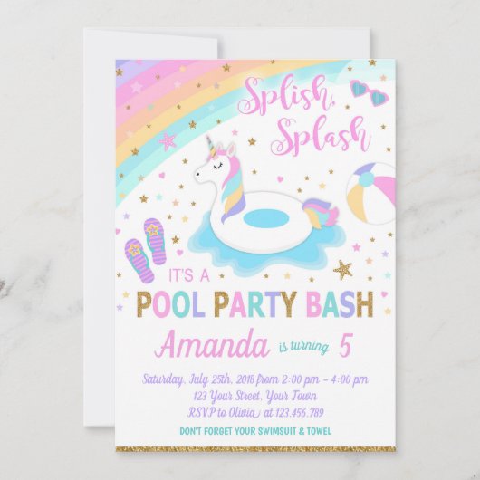 Eenhoorn Pool Party Verjaardag Uitnodiging Roze & (Voorkant)