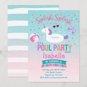 Eenhoorn Pool Party Verjaardag Uitnodiging Roze Go