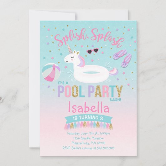 Eenhoorn Pool Party Verjaardag Uitnodiging Roze Go (Voorkant)