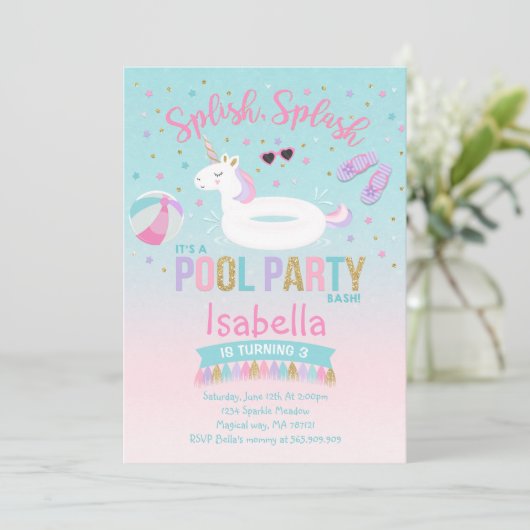 Eenhoorn Pool Party Verjaardag Uitnodiging Roze Go (Staand voorkant)