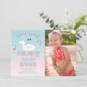 Eenhoorn Pool Party Verjaardag Uitnodiging Roze Go (Staand voorkant)