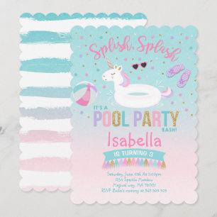 Eenhoorn Pool Party Verjaardag Uitnodiging Roze Go