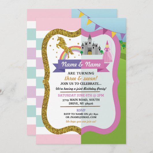 Eenhoorn & Prinses Gezamenlijk Kasteel Roze Meisje Kaart (Voorkant / Achterkant)