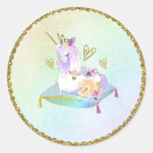 Eenhoorn Prinses Iridescente Regenboog Pastel Fees Ronde Sticker