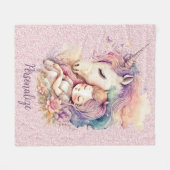 Eenhoorn Prinses Slaap in Bloemen Roze Glitter Fleece Deken (Voorkant (Horizontaal))