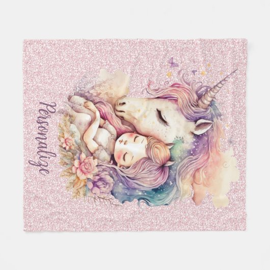 Eenhoorn Prinses Slaap in Bloemen Roze Glitter Fleece Deken (Voorkant (Horizontaal))
