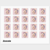 Eenhoorn Prinses Slaap in Bloemen Roze Glitter Vierkante Sticker (Vel)