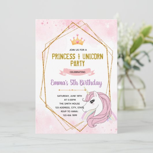 Eenhoorn prinses verjaardag uitnodiging (Staand voorkant)